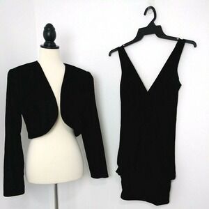 Lizzatti Dress + Jacket Women Size 4 Black Velvet Bubble Mini Deep V Elegant VTG